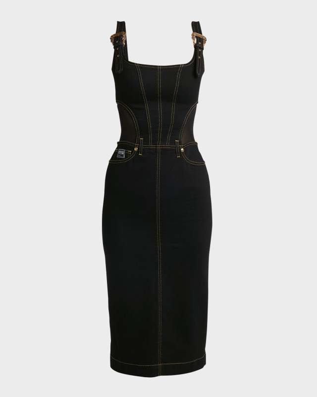 Denim Buckle-Strap Midi Bodycon Dress